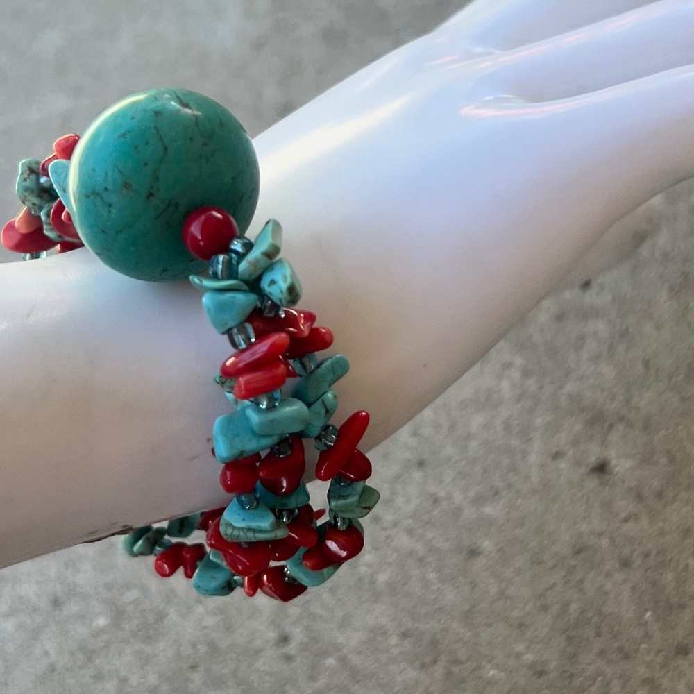 Turquoise Blue stabilized Red Coral weaved Bracelet Sz 7.5